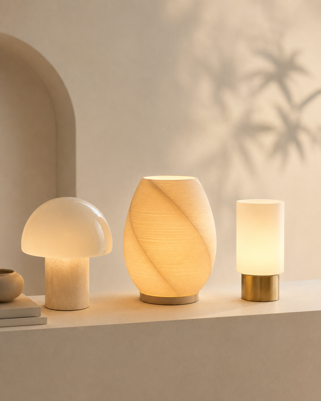 3D-geprinte lampen op een wandplank