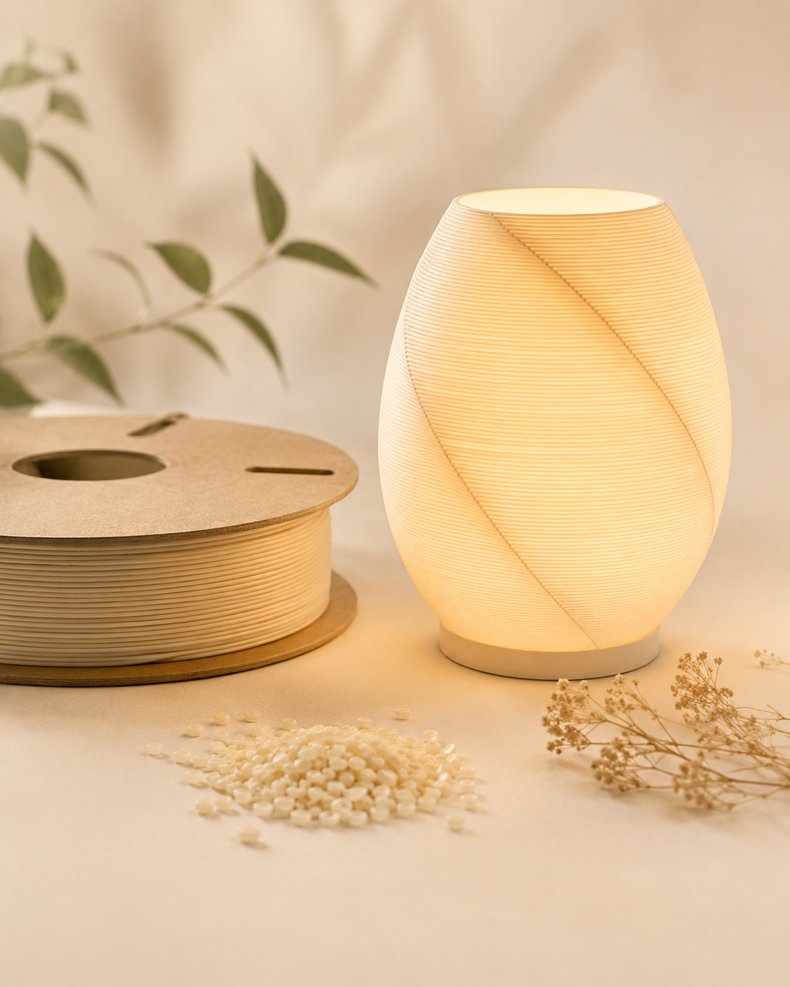 3D-geprinte lamp naast een rol PLA-filament