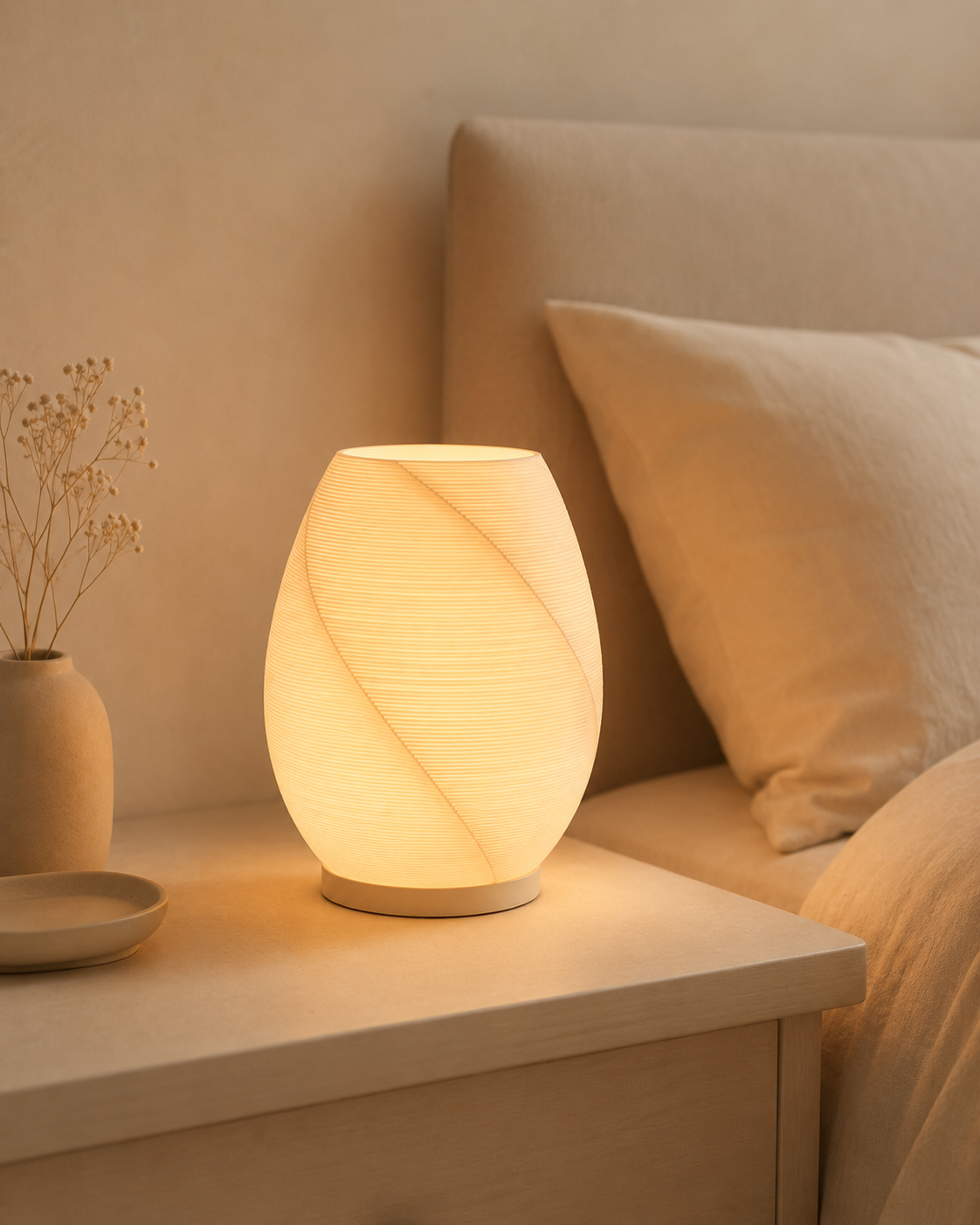 3D-geprinte lamp op nachtkastje in de slaapkamer