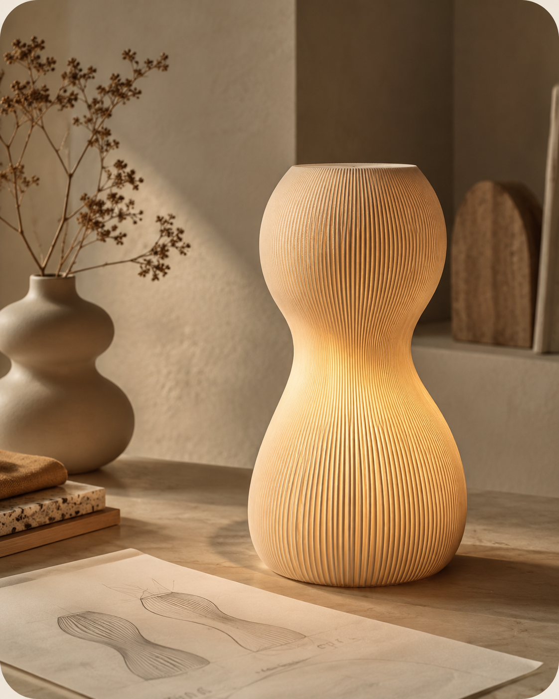 3D-geprinte maatwerklamp met ontwerpschets, op bestelling gemaakt