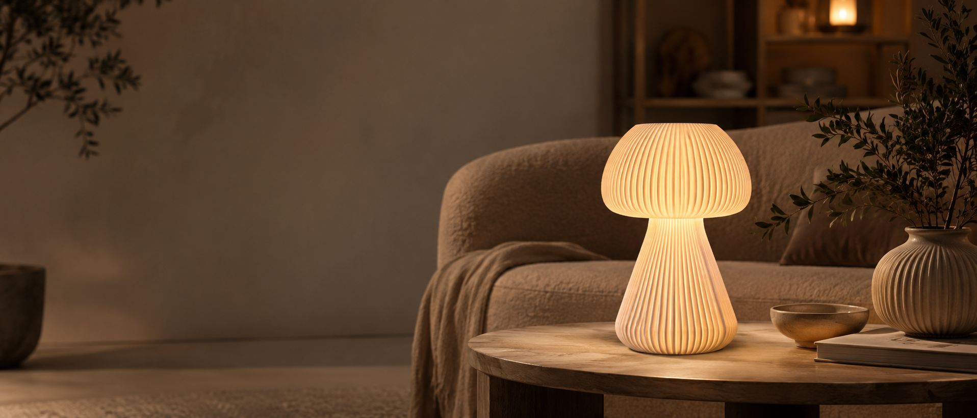 3D-geprinte lamp op salontafel naast de bank